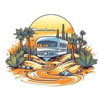 Illustration von ein Bus im das Wüste mit Palme Bäume generativ ai foto