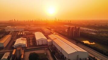 Antenne oben Aussicht von Fabrik Bahnhof, Öl Treibstoff Lager Panzer, Petroleum Raffinerie, Manufaktur, industriell Prozess Pflanze Öl Raffinerie zum Energie mit generativ ai. foto