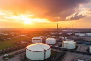 Antenne oben Aussicht von Fabrik Bahnhof, Öl Treibstoff Lager Panzer, Petroleum Raffinerie, Manufaktur, industriell Prozess Pflanze Öl Raffinerie zum Energie mit generativ ai. foto