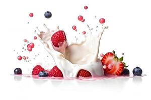 Erdbeeren und Beeren Milch Smoothie Spritzen isoliert auf Weiß Hintergrund, cremig Joghurt, Dessert Süßigkeiten eingetaucht Produkte, mit generativ ai. foto
