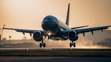 das Flugzeug ist nehmen aus von das Flughafen im das Morgen mit ein Blau Himmel mit generativ ai foto
