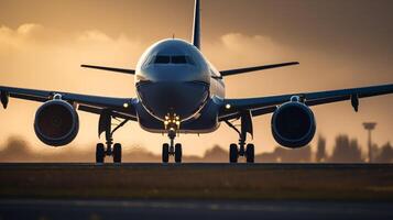 das Flugzeug ist nehmen aus von das Flughafen im das Morgen mit ein Blau Himmel mit generativ ai foto