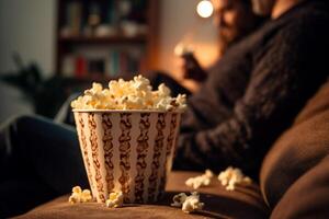 Mann und Frau Aufpassen Fernseher mit das Popcorn im das Eimer mit generativ ai foto