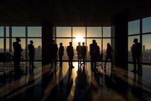 Silhouette Geschäft Menschen Arbeiten beim hell Büro mit generativ ai foto