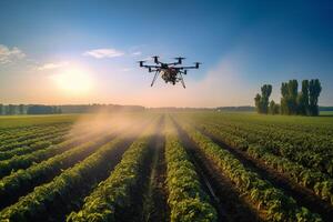 Drohne Sprühen Pflanzen im landwirtschaftlich Rahmen mit Blau Himmel mit generativ ai foto