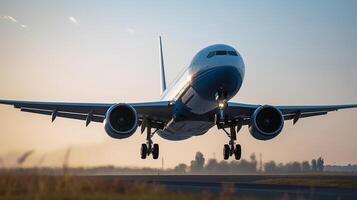 das Flugzeug ist nehmen aus von das Flughafen im das Morgen mit ein Blau Himmel mit generativ ai foto