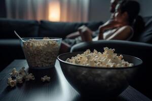 Mann und Frau Aufpassen Fernseher mit das Popcorn im das Eimer mit generativ ai foto