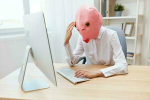 frustriert verrückt Geschäftsfrau Arbeiter Freiberufler im Rosa Fisch Maske Arbeit auf Computer online Nachdenken oder Herstellung Entscheidung schockiert durch betriebsbereit Probleme machen Gesichtspalme im Licht modern Büro. Kopieren Raum foto