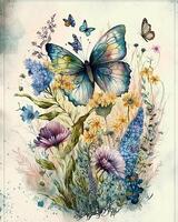 Aquarell bunt Schmetterling Blumen Hintergrund, generativ ai. foto