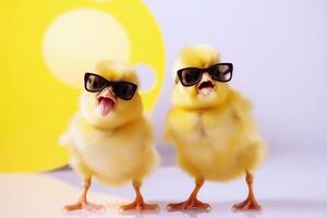 zwei Gelb Küken mit Sonnenbrille Singen ein Lied erstellt mit generativ ai Technologie. foto