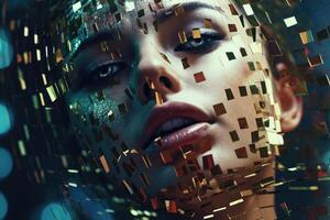 schließen oben von ein schön Cyberspace weiblich Gesicht im ein chaotisch surreal Stil erstellt mit generativ ai Technologie. foto