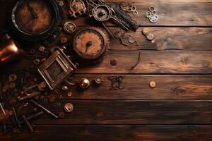 Steampunk Hintergrund auf ein hölzern Oberfläche mit Kopieren Raum erstellt mit generativ ai Technologie. foto