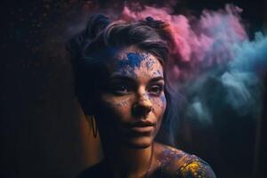 explodiert Farbe Pulver im Regenbogen Farben Bildung ein Porträt von ein schön jung Frau erstellt mit generativ ai Technologie. foto
