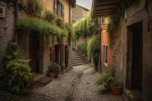 ein alt Straße im ein idyllisch Italienisch Dorf erstellt mit generativ ai Technologie. foto