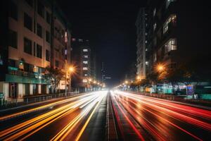 niedrig Winkel Straße Aussicht beim Nacht mit lange Licht Wanderwege lange Exposition erstellt mit generativ ai Technologie. foto