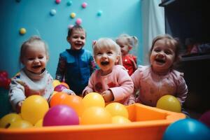 glücklich spielen Kinder im ein Kindergarten erstellt mit generativ ai Technologie. foto