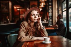 ein jung Frau im ein Cafe erstellt mit generativ ai Technologie. foto