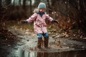 glücklich wenig Mädchen springt im ein Pfütze mit Gummi Stiefel erstellt mit generativ ai Technologie. foto