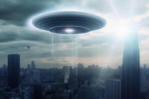 ein groß UFO über ein modern Stadt im das Himmel erstellt mit generativ ai Technologie. foto