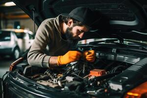 ein Auto Mechaniker reparieren ein Auto erstellt mit generativ ai Technologie. foto