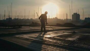 Silhouette Konstruktion Arbeiter Beton Gießen während kommerziell Betonieren Böden foto