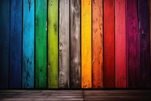 hölzern Bretter im Regenbogen Farben Hintergrund Textur erstellt mit generativ ai Technologie. foto