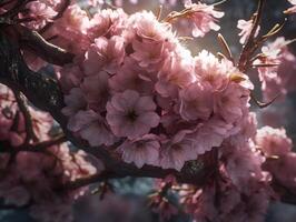 Nahansicht von Frühling saisonal Kirsche blühen Blume auf Bokeh Hintergrund. erstellt mit generativ ai Technologie. foto
