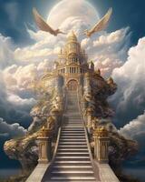 paradiesisch Treppe zu Himmel mit schwebend Wolken Engel Engel . ai generiert foto