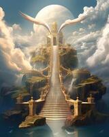 paradiesisch Treppe zu Himmel mit schwebend Wolken Engel Engel . ai generiert foto