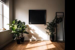 schwarz Foto Rahmen auf Weiß Wand, Sonnenlicht teilweise Abdeckung das Mauer . ai generiert