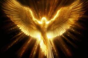 Engel mit golden ausgestreckt Flügel . ai generiert foto