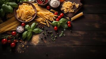 frisch Tomaten, Basilikum, und Pasta auf dunkel Rau Hintergrund. beschwingt Farben und authentisch fühlen. generativ ai foto