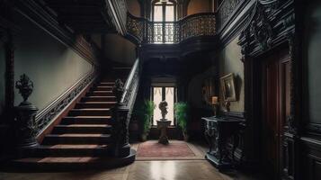 dunkel gotisch Villa Halle im viktorianisch Stil Innere mit Treppe und Lampe Halter. ai generiert foto