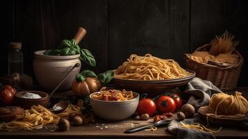 frisch Tomaten, Basilikum, und Pasta auf dunkel Rau Hintergrund. beschwingt Farben und authentisch fühlen. generativ ai foto