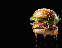 groß und lecker Käse Burger auf schwarz Hintergrund mit Kopieren Raum zum Ihre Text. Essen Poster. generativ ai foto