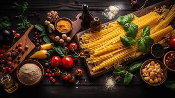 frisch Tomaten, Basilikum, und Pasta auf dunkel Rau Hintergrund. beschwingt Farben und authentisch fühlen. generativ ai foto