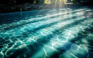 launisch Blau zerrissen Wasser Schwimmen Schwimmbad mit lange Schatten. Sommer- Stimmung Konzept. generativ ai. foto