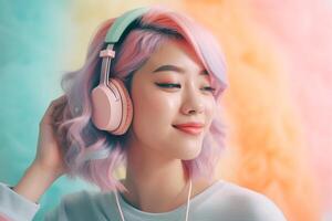 träumend asiatisch Frau mit Licht Rosa Haar hört zu Lied im Kopfhörer. generativ ai Illustration foto