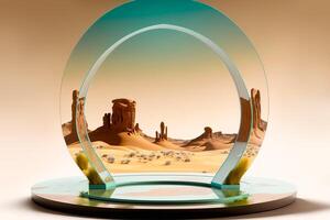 Glas Portal Podium auf surreal Wüste Landschaft. generativ ai Illustration foto