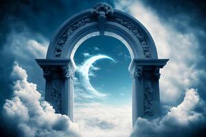 Himmel Tor zu Himmel Ende von Leben. Treppe zu Himmel. religiös Hintergrund. Portal unter das Wolken. generativ ai Illustration foto
