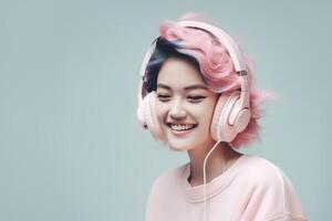 träumend asiatisch Frau mit Licht Rosa Haar hört zu Lied im Kopfhörer. generativ ai Illustration foto