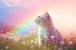 süß Haustier Katze geht zu Regenbogen. Metapher zum Haustiere Abfahrt zu Leben nach dem Tod. generativ ai Illustration foto