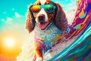 komisch Hund im Sonnenbrille Fahrten ein Surfbrett auf das Ozean Wellen. Sommer- Ferien Konzept. generativ ai Illustration foto