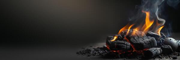 Holzkohle Flammen Hintergrund zum Grill. leeren Verbrennung Holzkohle zum Produkt Platzierung. generativ ai Illustration foto