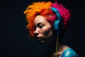 traurig stilvoll Frau mit lebendig afro Haar hört zu zu Musik- im Kopfhörer. generativ ai Illustration foto