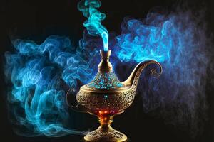 Aladdins mysteriös Lampe mit glühend Rauch, beim das Zeit von das Aussehen von das Geist. generativ ai Illustration foto