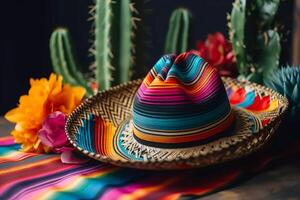 cinco de Mayo Urlaub Hintergrund. Mexikaner Blühen Kaktus und Party Sombrero Hut. generativ ai Illustration foto