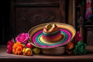 cinco de Mayo Urlaub Hintergrund. Mexikaner Party Sombrero Hut und Blumen auf ein hölzern Hintergrund. generativ ai Illustration foto