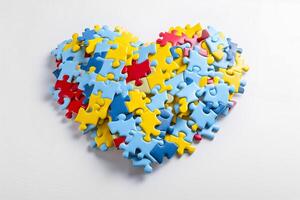 Herz von Blau, Licht Blau, rot und Gelb Rätsel. Welt Autismus Bewusstsein Tag Konzept. generativ ai Illustration foto