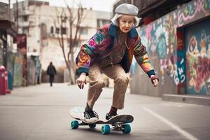 nett alt Skateboardfahrer trägt hell Kleider und Skateboarding Nieder das Stadt Straße. generativ ai Illustration foto